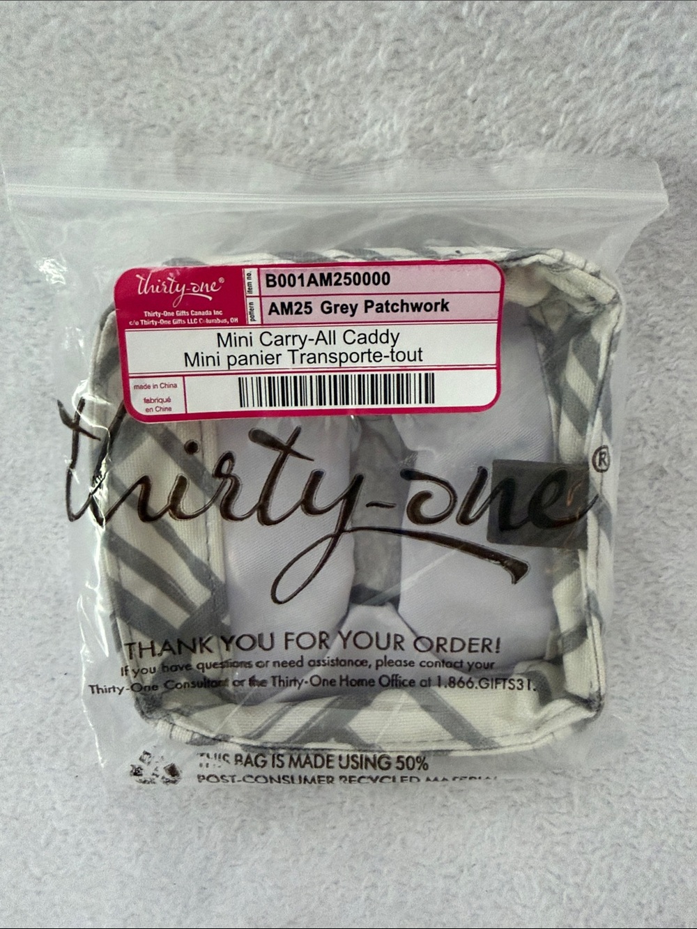 NIP thirty-one Mini Carry-All Caddy, Grey Patchwork